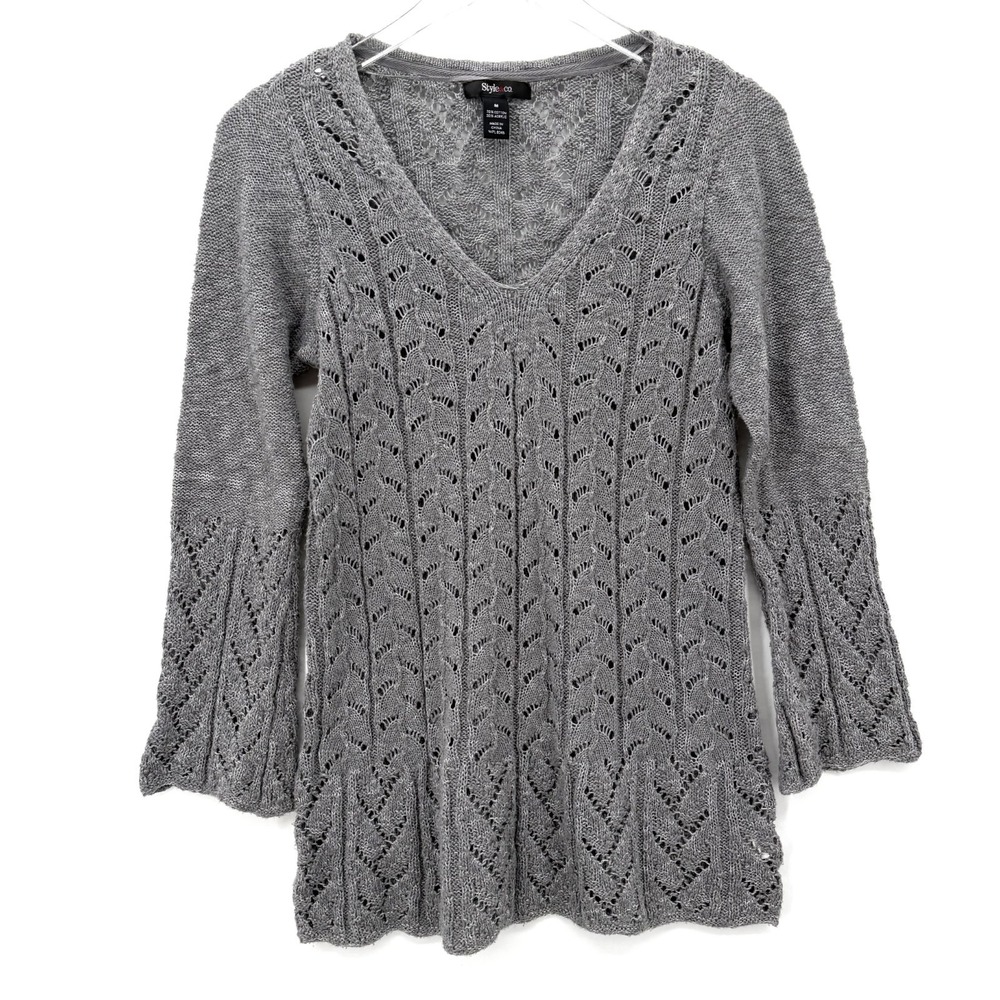 Vintage Pointelle Open Knit Sweater Size M Boho Fairy Grunge Gray V-Neck Crochet